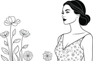 Minimal illustration of a woman with elegant flowers