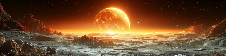 Voile Gardinen Braun Alien world horizon with rising sun  banner with panoramic view of a sun rising over a distant, icy alien landscape