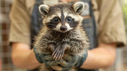 Close-up View of a Cute Raccoon Being Held by a Person in Khaki Outfit, Wild Animal Care and...