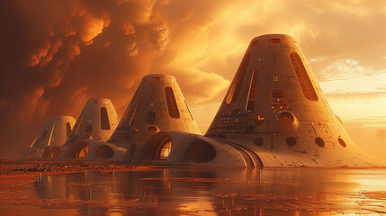 Fototapeta na wymiar Futuristic mars colony at sunset: conceptual illustration of space exploration with a human settlement on alien planet against a dramatic extraterrestrial sky; advanced architecture in front of water