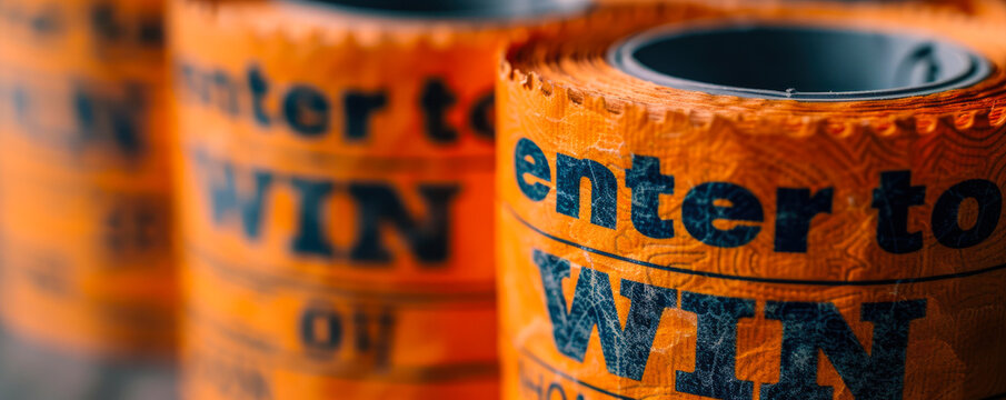 Roll of orange enter to win tickets coiled on a white background, symbolizing chances, luck, contests, raffles, and promotional events