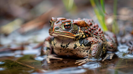 Obraz premium Close-up of a toad with detailed orange and brown skin among green blades of grass.