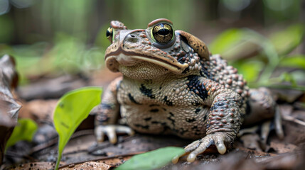 Obraz premium A toad with distinctive spotted skin sitting calmly on the forest floor.
