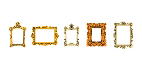 Vintage frame set. Picture border. Various decorative isolated elements different forms in doodle style. Elegant retro frameworks. Modern mirror design. Art gallery objects. Vector illustration