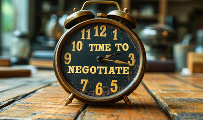 A close up view of a clock with the phrase TIME TO NEGOTIATE indicating the crucial moment to discuss terms, engage in dialogue, and reach an agreement