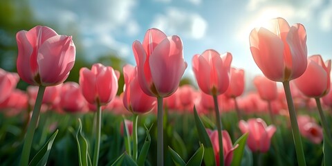 Scenic view of blooming pink tulips in a lush green meadow. Concept Nature, Flowers, Spring, Tulips, Scenery