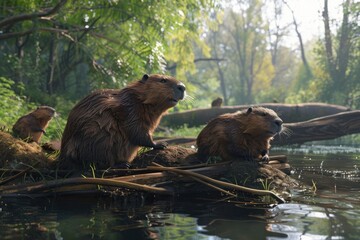 A Beaver Family at Work on Their Dam