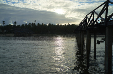 Wooden stilts of a bridge in the sea lagoon.