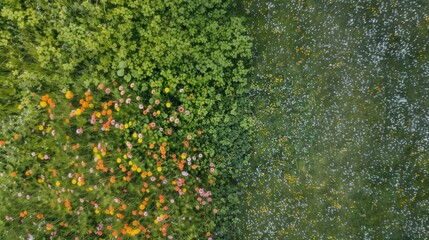 Field with grass and flowers, top view.