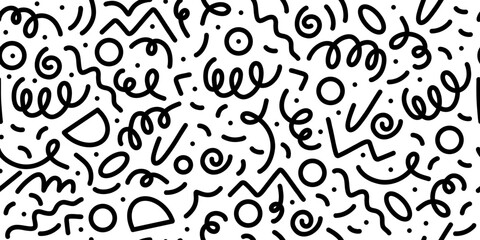Doodle seamless pattern. Fun black line background. 90s kids background. Funny modern childish drawings. Wallpaper and wrapping design. Banner backdrop. Simple party confetti vector illustration