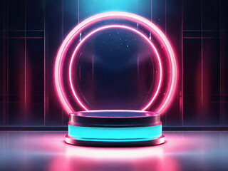 Vector Realistic cylinder pedestal podium in Sci-fi abstract room with illuminate circle neon lamp...
