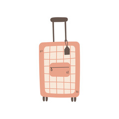 Cabin luggage hand drawn vector illustration. Suitcase with label colorful doodle art. Isolated on white background. Minimal design for travel tourism vacation journey