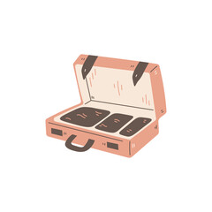 Open suitcase with clothes hand drawn vector illustration. Trip voyage journey travel tourism tour concept design. Isolated on white background.