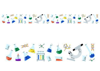 Laboratory glassware border. Chemical reagents in glass bottles and rest tubes and flasks frame. Medical lab equipment. Scientific research tools. Doodle vector cartoon isolated background