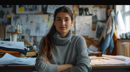 A casual young female designer confidently poses in her cozy, well-lit studio filled with design sketches.