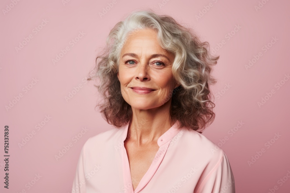 Poster portrait of smiling senior woman looking at camera isolated on pink background