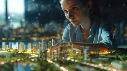 An urban planner is deeply focused while examining a detailed city model in a dark room with ambient light. - obrazy, fototapety, plakaty