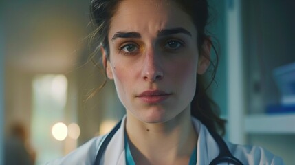 A young, empathetic female doctor wearing a stethoscope stands in a hospital, exuding care and professionalism.