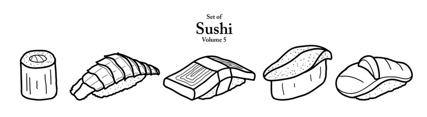 A series of sushi in cute hand drawn style. Set of 5 sushi in black outline and white plain on transparent background. Drawing of food elements for coloring book, menu or recipe design.