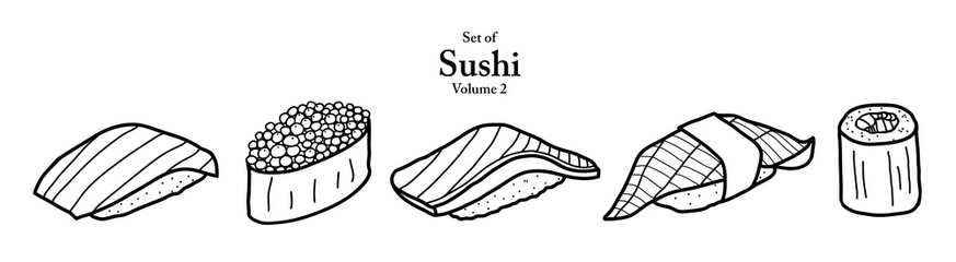 A series of sushi in cute hand drawn style. Set of 5 sushi in black outline on transparent background. Drawing of food elements for coloring book, menu or recipe design.