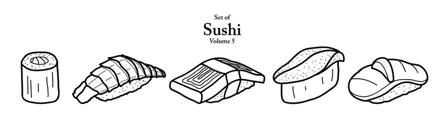 A series of sushi in cute hand drawn style. Set of 5 sushi in black outline on transparent background. Drawing of food elements for coloring book, menu or recipe design.