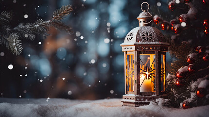 Christmas decoration with a lamp and snowflakes and a tree in the background