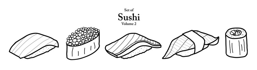 A series of sushi in cute hand drawn style. Set of 5 sushi in black outline and white plain on transparent background. Drawing of food elements for coloring book, menu or recipe design.