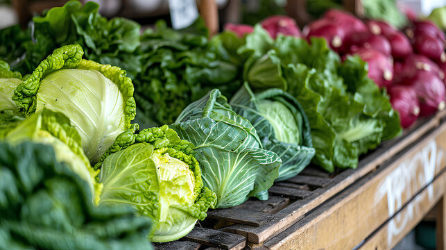 Fresh green leafy vegetables cabbage, lettuce, chard for sale on counter of local market