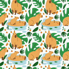 Cute capybara seamless pattern. Funny capibara, adorable exotic animal. South America mammal tropical leaves background. Textile, wrapping paper, wallpaper design. Print for fabric. Cartoon vector