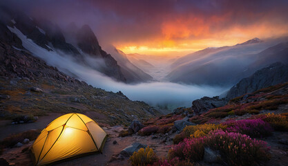 glowing yellow tourist tent, mountains in fog and spring flowers