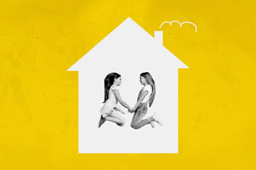 Photo collage artwork minimal picture of happy smiling girlfriends enjoying new home isolated yellow color background