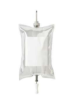 poche de transfusion avec &eacute;tiquette vierge et liquide transparent sur fond transparent
