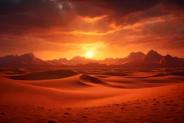 Fotobehang Surreal Desert Sunset: A surreal scene of the sun setting over a vast desert landscape, casting warm hues across the dunes.   © Tachfine Art