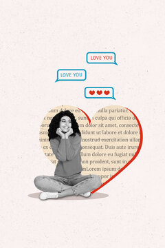 Magazine picture sketch collage image of smiling dreamy lady getting love messages isolated beige color background