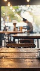 Obraz premium Empty wooden table in a coffee shop. A barista is working in the background. For advertising various products