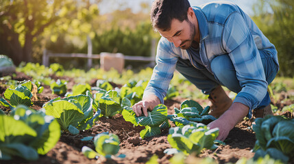 Young man gardener during planting cabbage in sunny garden - obrazy, fototapety, plakaty