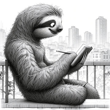 image of an anthropomorphic sloth character in the style of a pencil sketch, sitting on a balcony with a loose and sketchy cityscape in the background