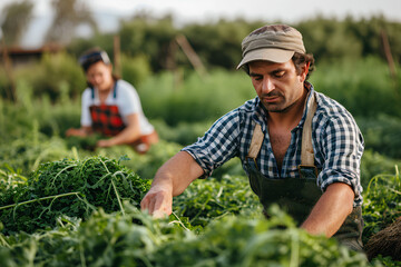 Naklejka na ściany i meble Portrait of man and woman seasonal farm workers harvesting arugula on field
