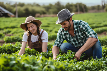Portrait of man and woman seasonal farm workers harvesting arugula on field
