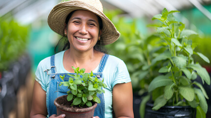 Latin american woman farmer holding pot with mint at greenhouse farm - obrazy, fototapety, plakaty