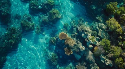 Crystal clear water showcasing a stunning coral reef with diverse marine life in a natural setting