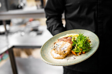 a chef in a professional kitchen, presenting a gourmet dish. The dish features a succulent piece of meat topped with sauce and fresh greens. The plate design adds an elegant touch