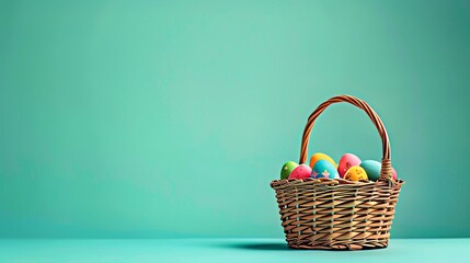 Un panier de Pâques en osier classique rempli d'œufs colorés - obrazy, fototapety, plakaty