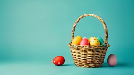 Un panier de Pâques en osier classique rempli d'œufs colorés - obrazy, fototapety, plakaty