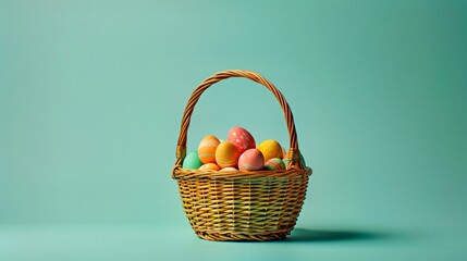 Un panier de Pâques en osier classique rempli d'œufs colorés - obrazy, fototapety, plakaty
