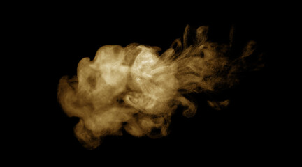 Brown-black dust powder explosion. The texture is an abstract concept. and splashes float. on a black background
