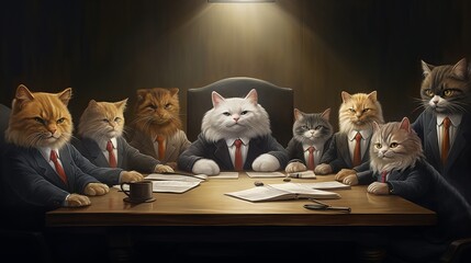 A prestigious painting featuring stuffed animal kittens dressed in business suits, engaged in a meeting room, conducting very important business. - obrazy, fototapety, plakaty