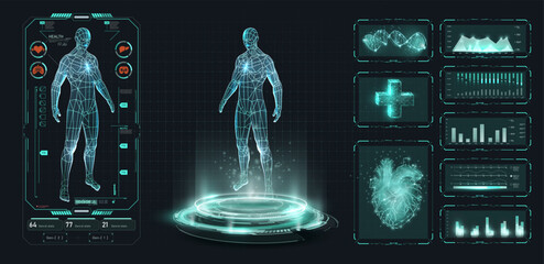 Advanced Human Body Analysis HUD with Digital Biometrics. High-tech health diagnostics interface showcasing human body scan with digital biometrics and health data in futuristic hud style. Vector