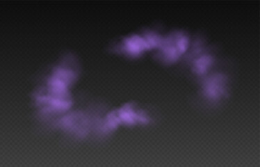 Purple smoke, colorful fog, realistic smog, haze, mist or cloudiness effect isolated on transparent background. Colored powder, holi celebration concept. Vector illustration.