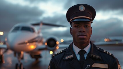 Obraz premium A young African American pilot is pictured at the airport, standing in front of an aircraft.